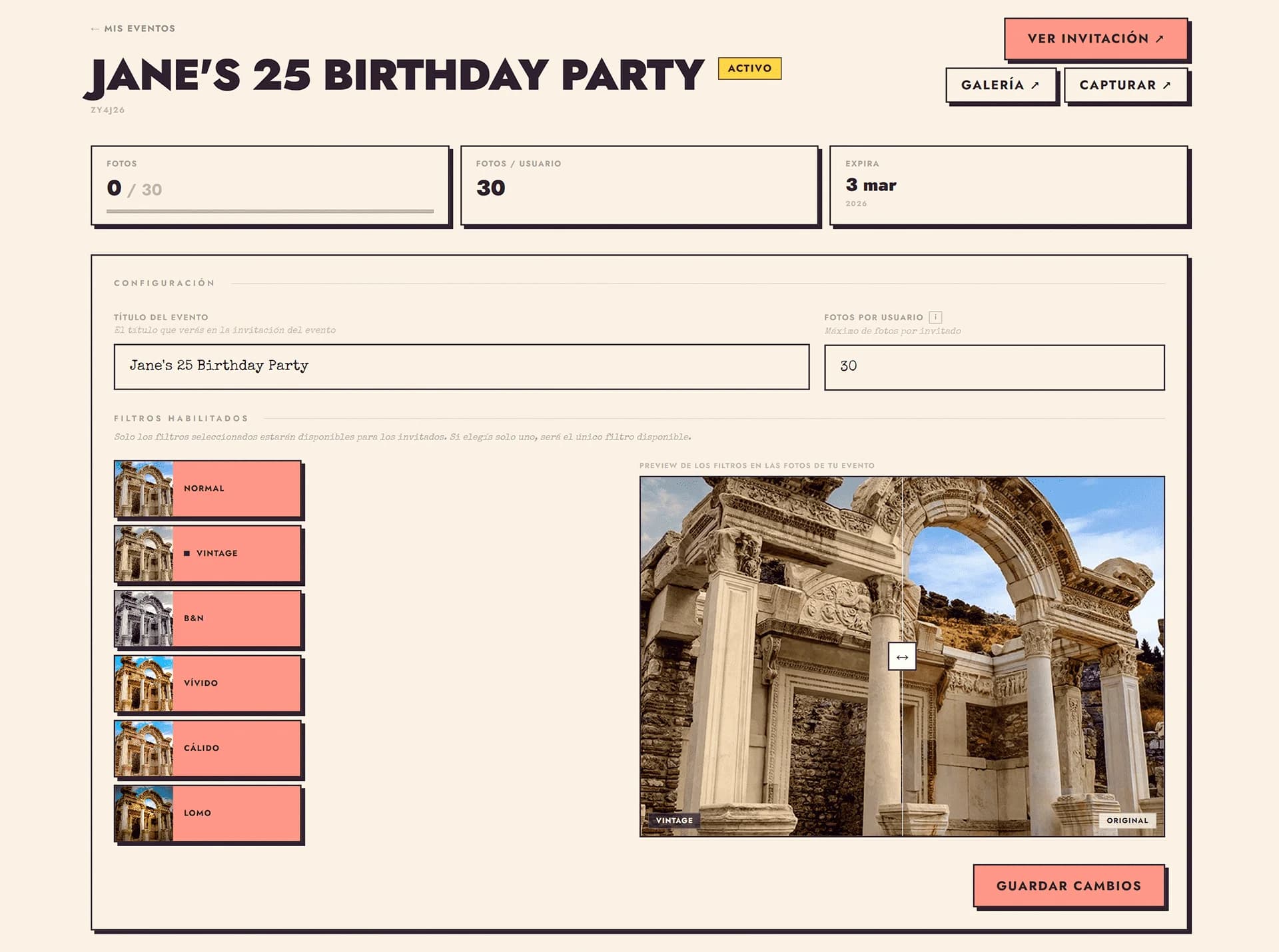 Panel de administración del evento